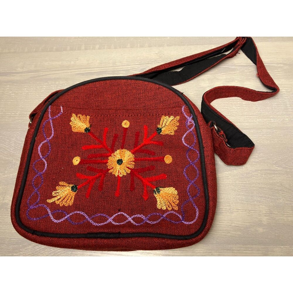 Embroidered red cotton canvas purse